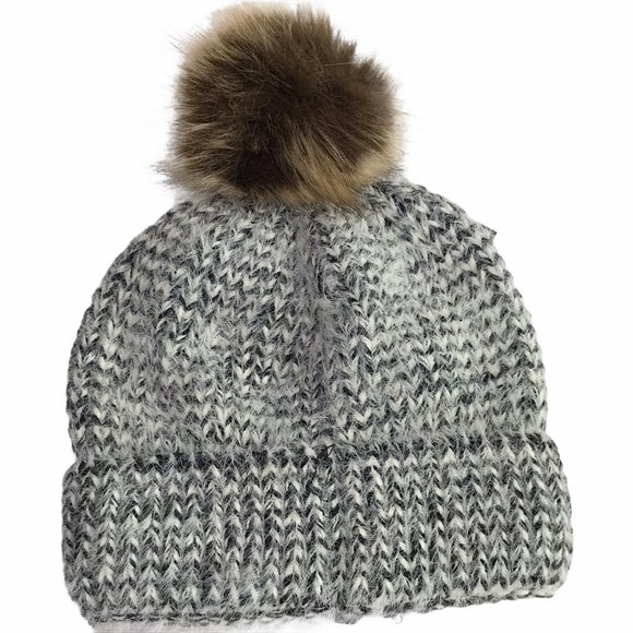 New Pom Pom Faux Fur Beanie Hat Winter Warm Gray White - NORDSTROM, Vegan